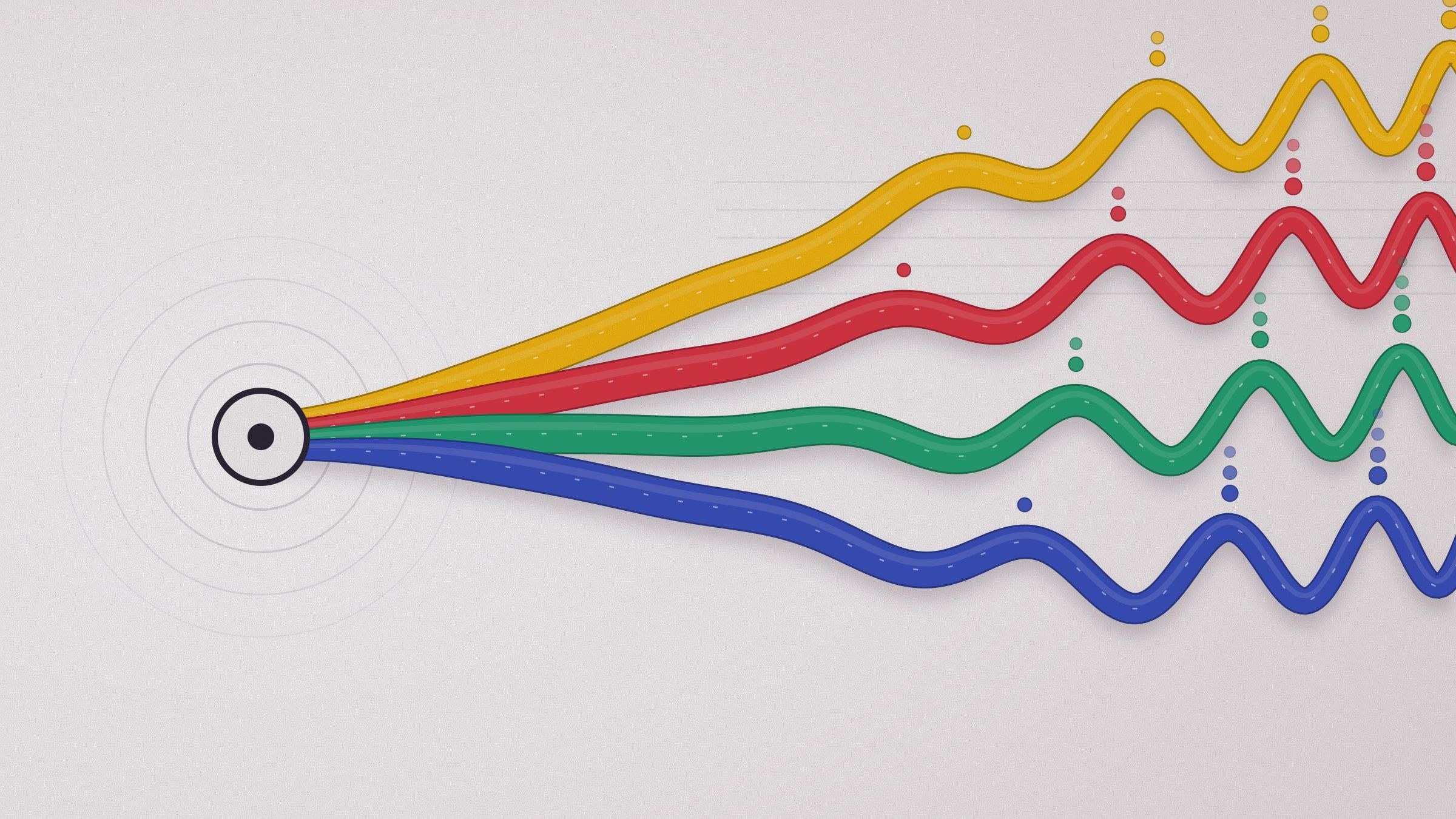 Abstrakte Grafik: Vier Bänder in Gelb, Rot, Grün und Blau entspringen einem Punkt, fächern sich auf und werden zu Wellen, aus denen Punkte wie Töne aufsteigen.